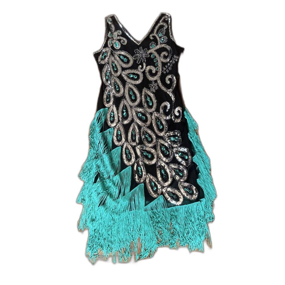 Roaring 20s Great Gatsby Party Peacock Dress With Asymmetrical Fringe - Size [L]